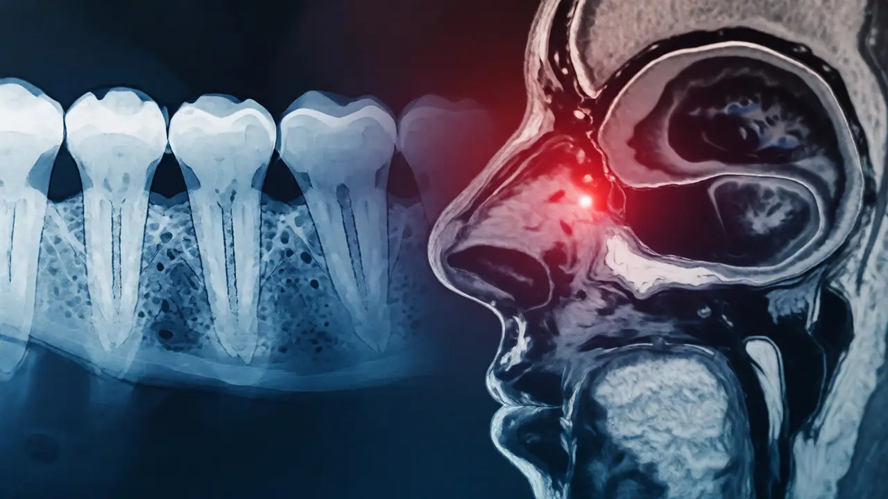 Konceptuální ilustrace přechodu od RTG zubů k MRI vyšetření nosních dutin