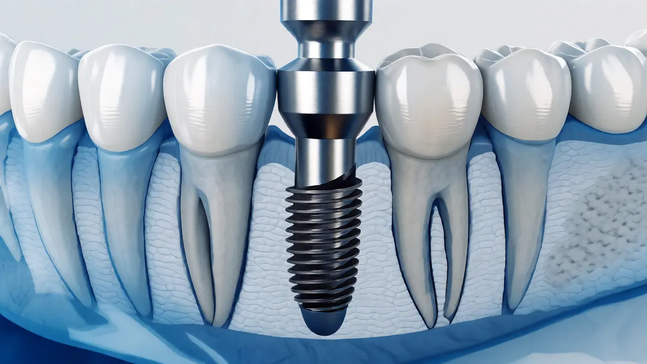Lékařská ilustrace zavádění titanového implantátu do čelistní kosti.