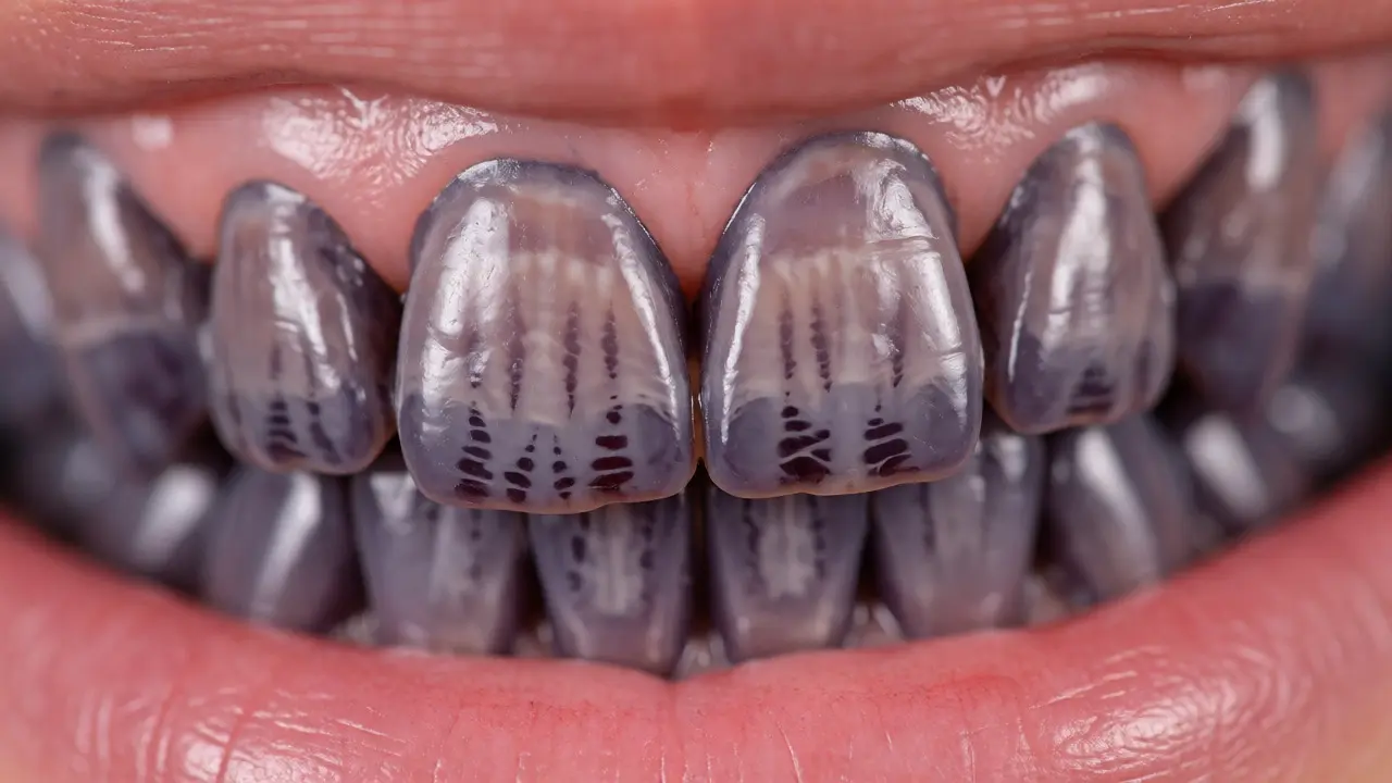 Macro close-up of teeth with gray-purple tetracycline staining