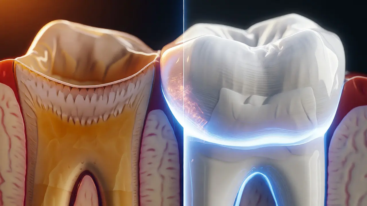 Makro pohled na zuby ukazující rozdíl mezi žlutým dentinem a bílou sklovinou