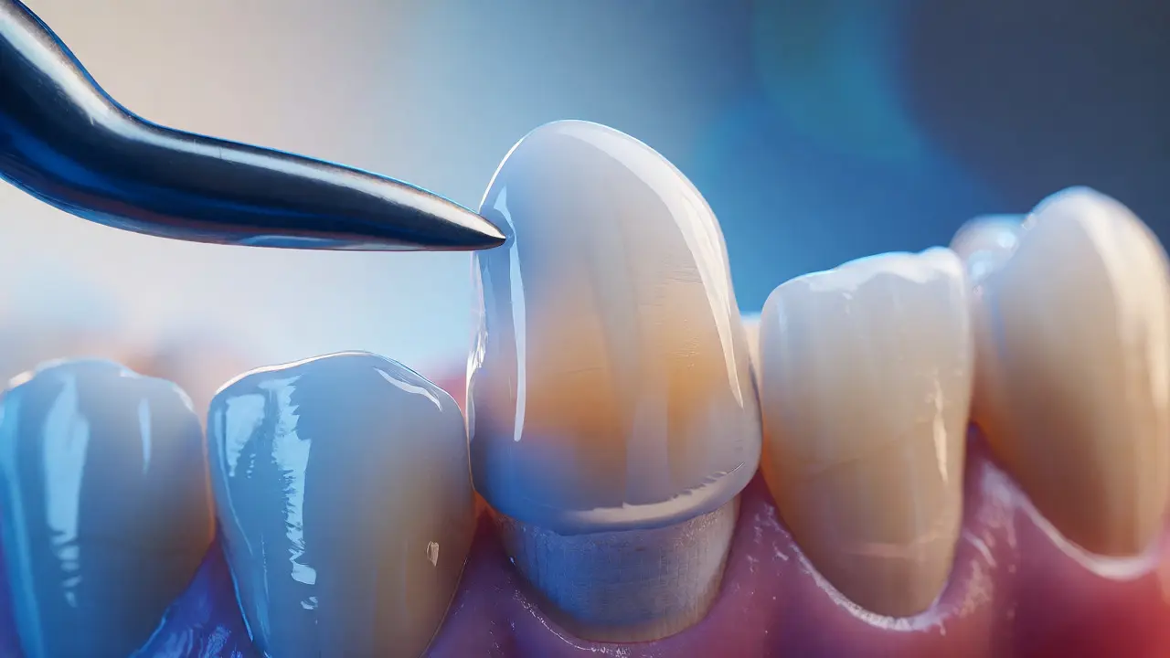 Nasazování tenké porcelánové fazety na přední zub pomocí dentálního nástroje.