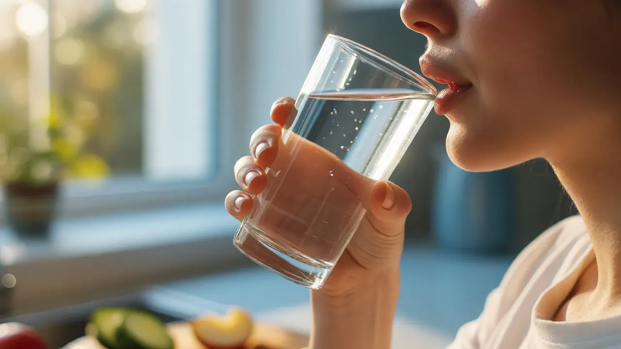 Osoba pije vodu pro hydrataci úst