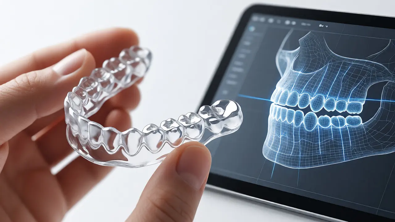 Průhledná snímací dlaha vedle tabletu se 3D simulací pohybu zubů.