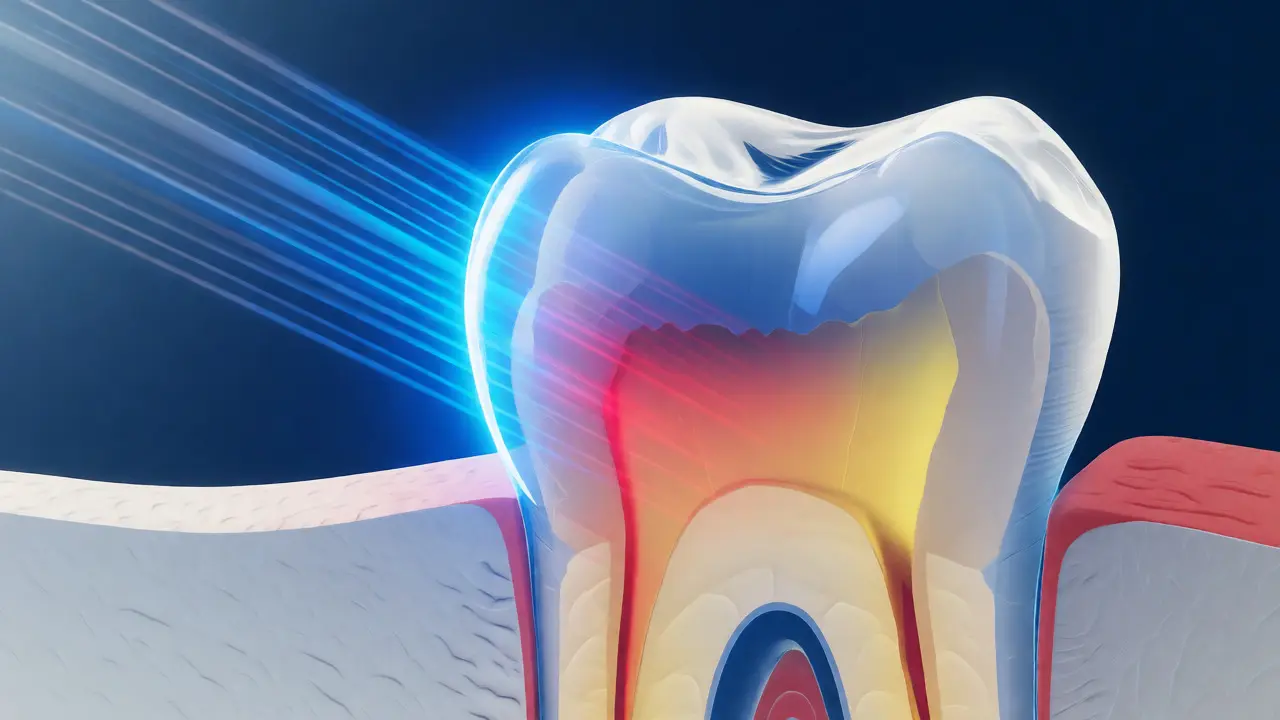 Průřez zubem znázorňující rozptyl světla ve sklovině a vnitřní vrstvu dentinu.