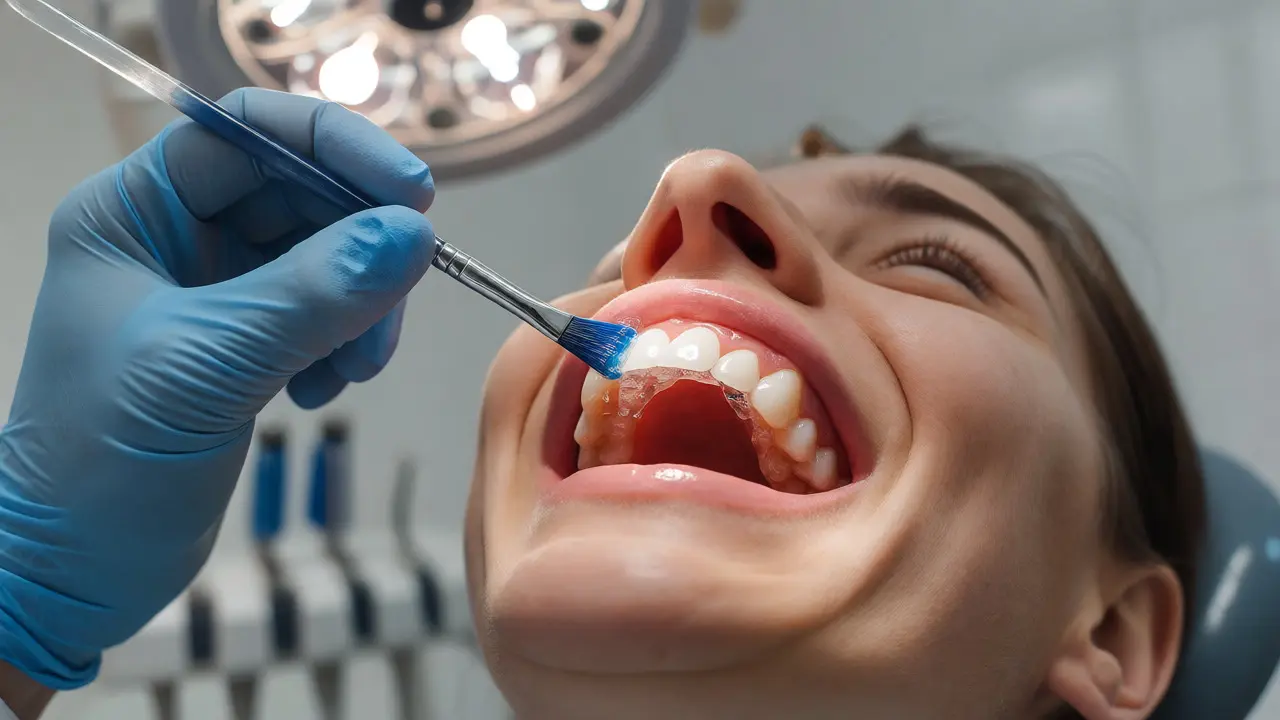 Zubař aplikuje fluoridový lak na zuby